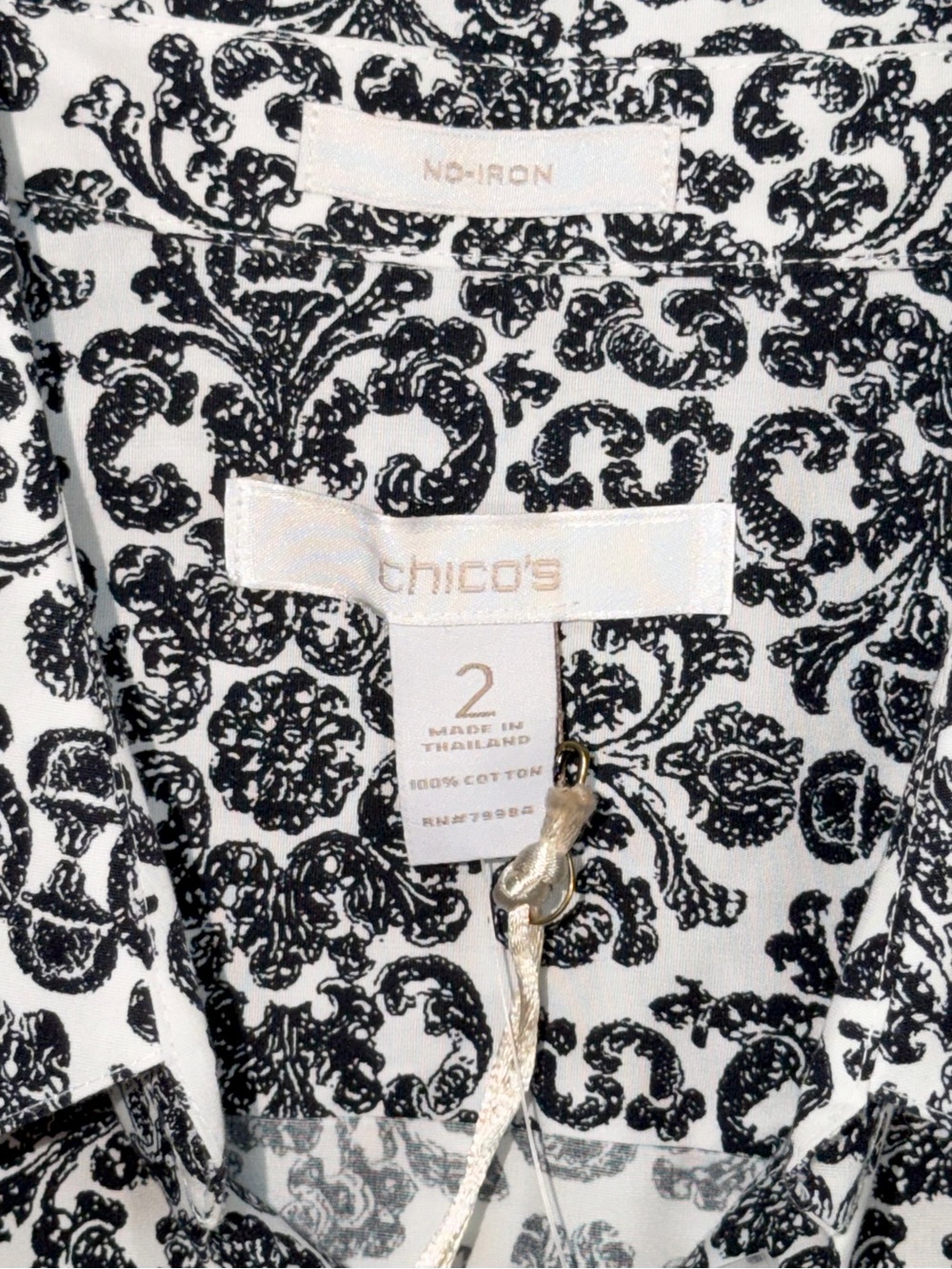 Chico's NO IRON Shirt Top Black White Button Up Long Sleeve Sz 2 L 12 NWT $85 - Picture 3 of 12